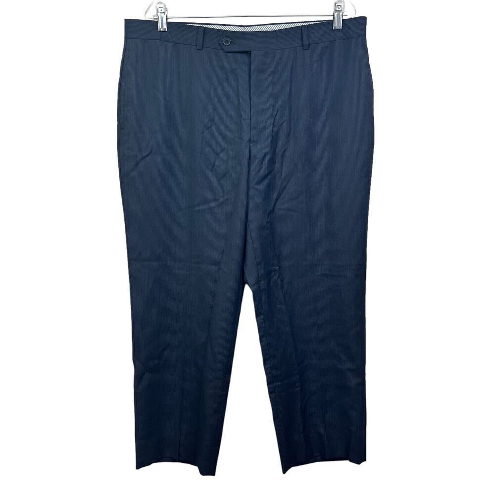 Tommy Hilfiger Mens Wool Trouser Pants Pinstripe Navy Black Flat Front Size 38W*